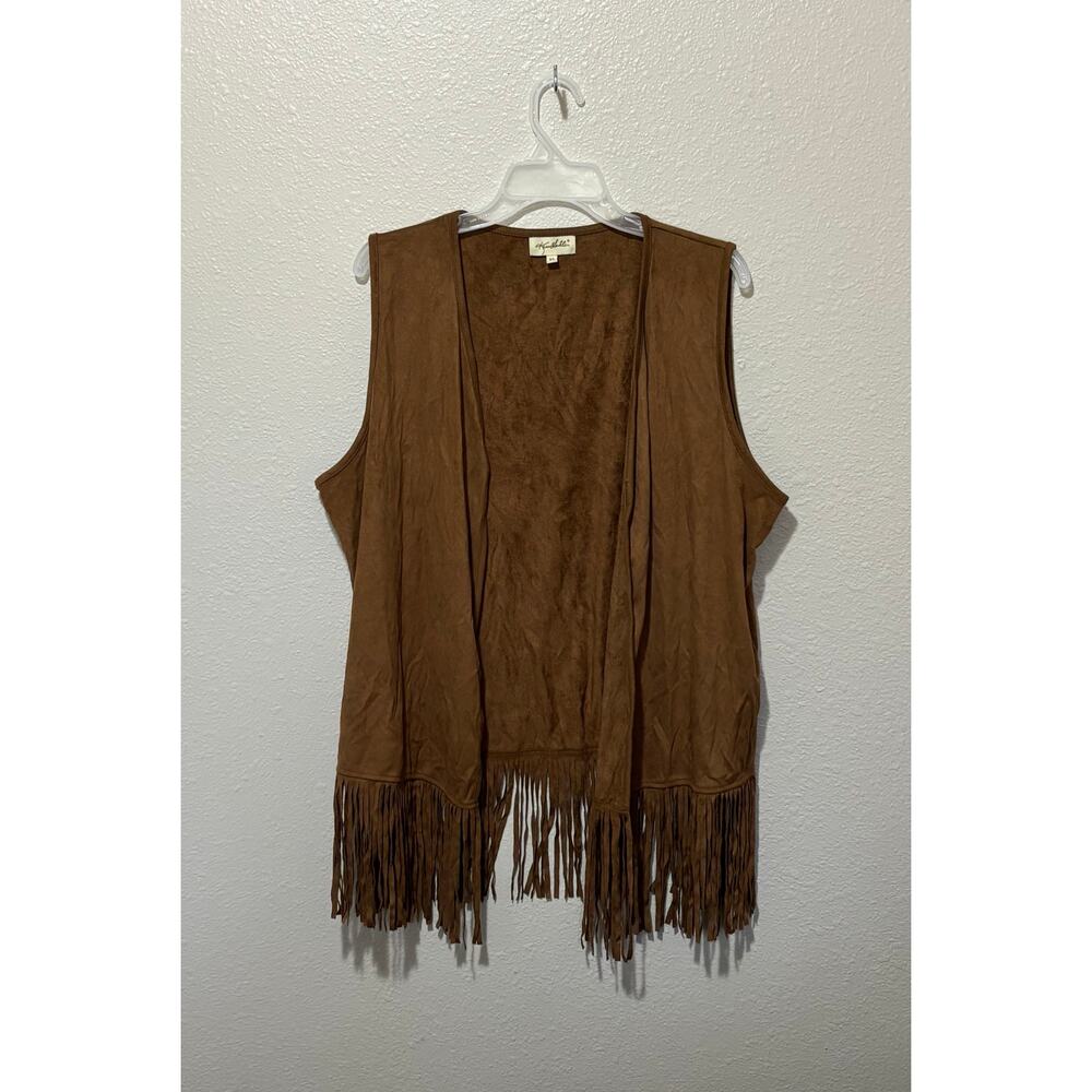 RETRO Women’s Sudler Faux Suede Vest Fringe Long Open Front Brown, size XL